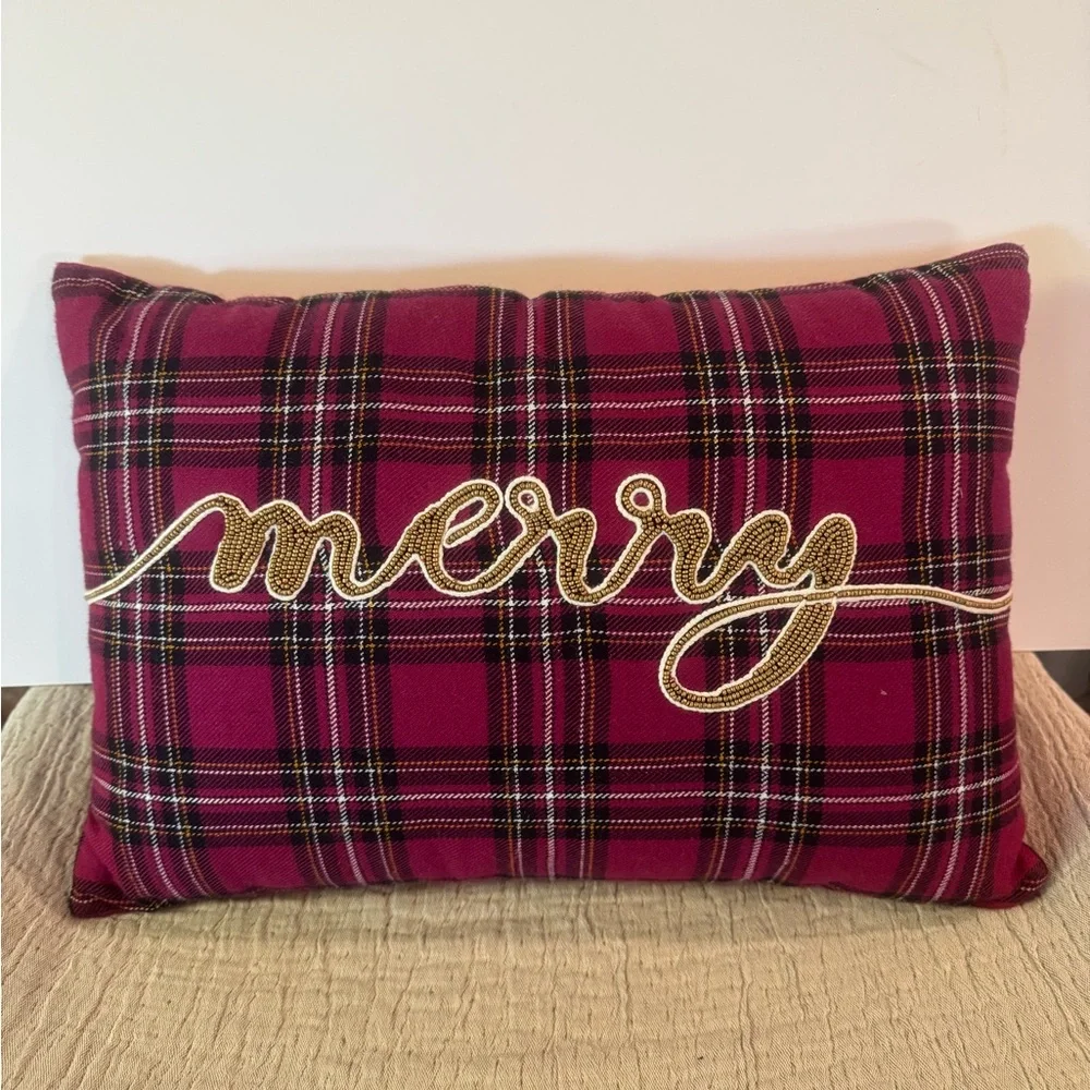 Pier 1 Plaid Merry Beaded Holiday Pillow